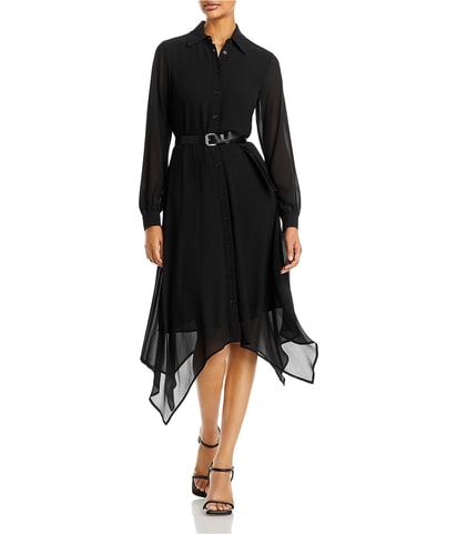 Georgette Handkerchief Shirt Midi Asymmetrical Dress