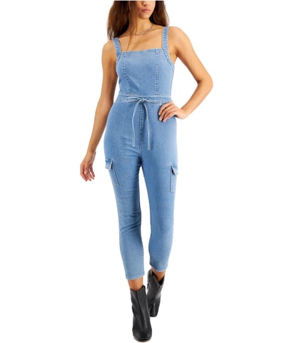 Belted Denim Overall Jumpsuit