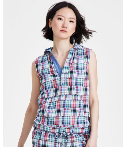 Plaid Hooded Sleeveless Blouse Top