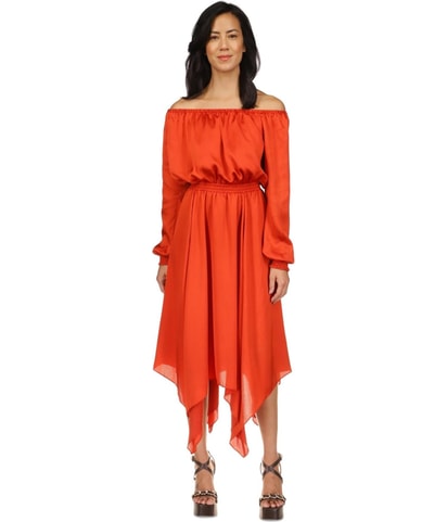 Smocked Off-Shoulder Midi Asymmetrical Dress