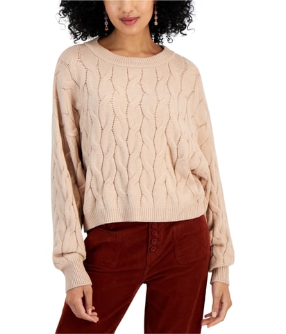 Cable-Knit Cropped Crewneck Pullover Sweater