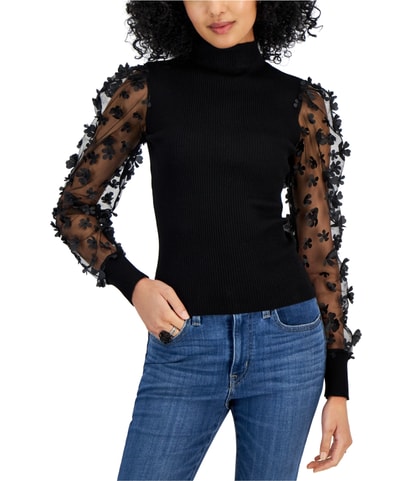 3D Flowered Shear-Sleeve Pullover Sweater