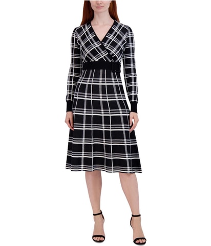 Plaid Knit Surplice Sweater Dress