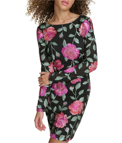 Embroidered Floral Mesh Bodycon Dress