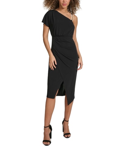 Solid One Shoulder Midi Asymmetrical Dress
