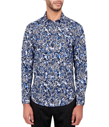 Moisture Wicking Flocked Paisley Button Up Shirt