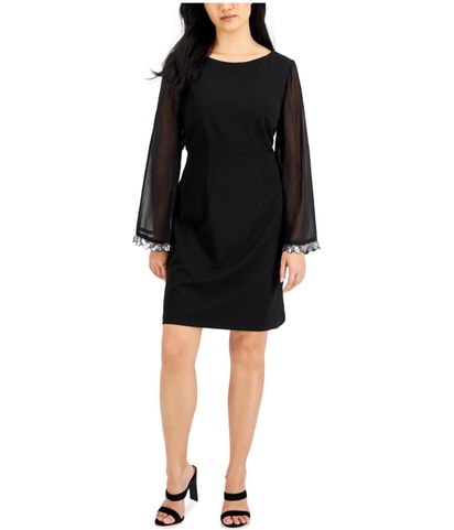 Sheer Sequin Trim Sleeve Sheath Dress