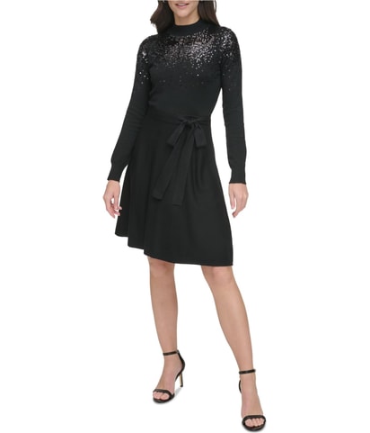 Sequined Fit Flare Sweater Dress