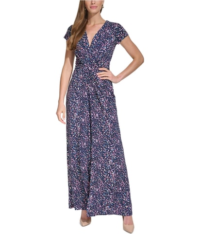 Printed V Neck Wide Leg Jumpsuit