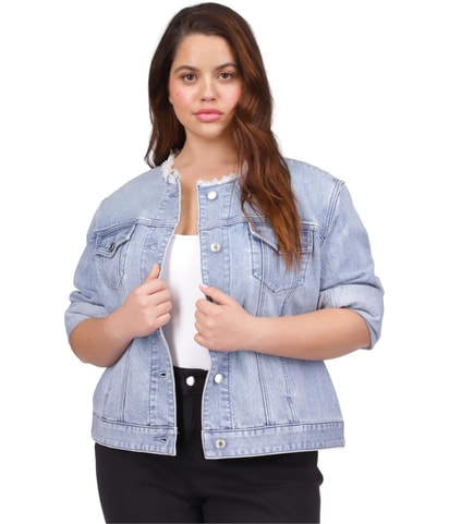 Collarless Frayed Denim Jean Jacket