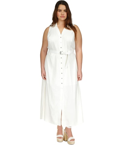 Linenblend Belted Shirt Dress Maxi Dress
