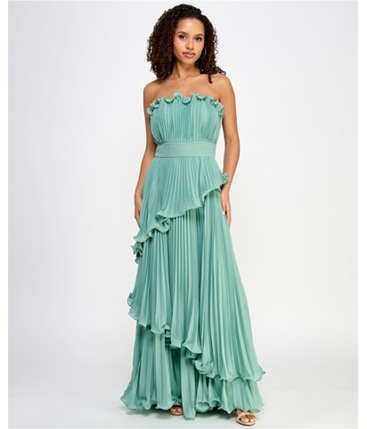 Solid Tiered Strapless Ruffled Pleated Gown Dress