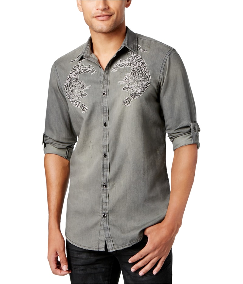 I.N.C Mens Embroidered Bengal Tiger Button Up Shirt