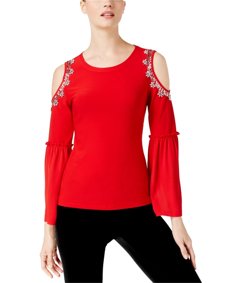 I.N.C Womens Rhinestone-Trim Knit Blouse