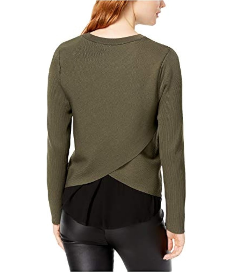 bar III Womens Chiffon Trimmed Knit Sweater in Green, view 2
