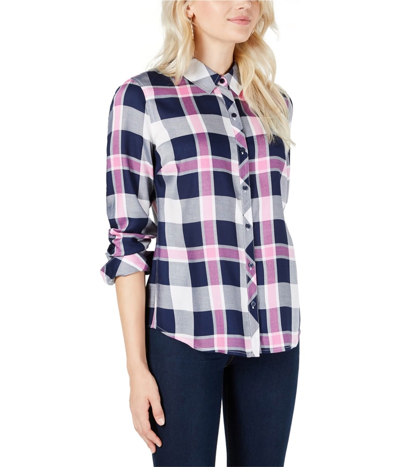 maison Jules Womens Plaid Relaxed Fit Button Up Shirt