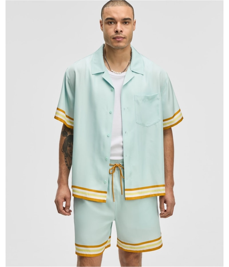 Mode Of One Mens Twill Contrast-Trim Relaxed-Fit Button Up Shirt