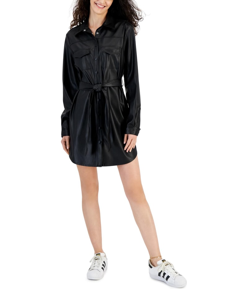 kit + sky Womens Solid Belted Shirt Dress