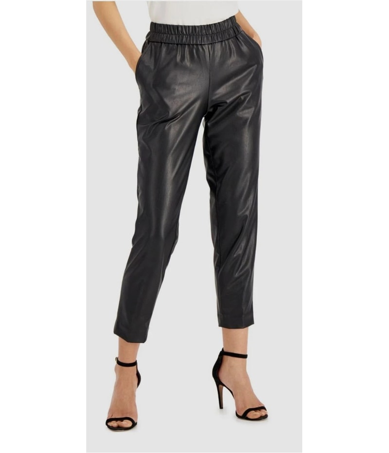 Anne Klein Womens Faux Leather Straight Leg Slim Casual Pants