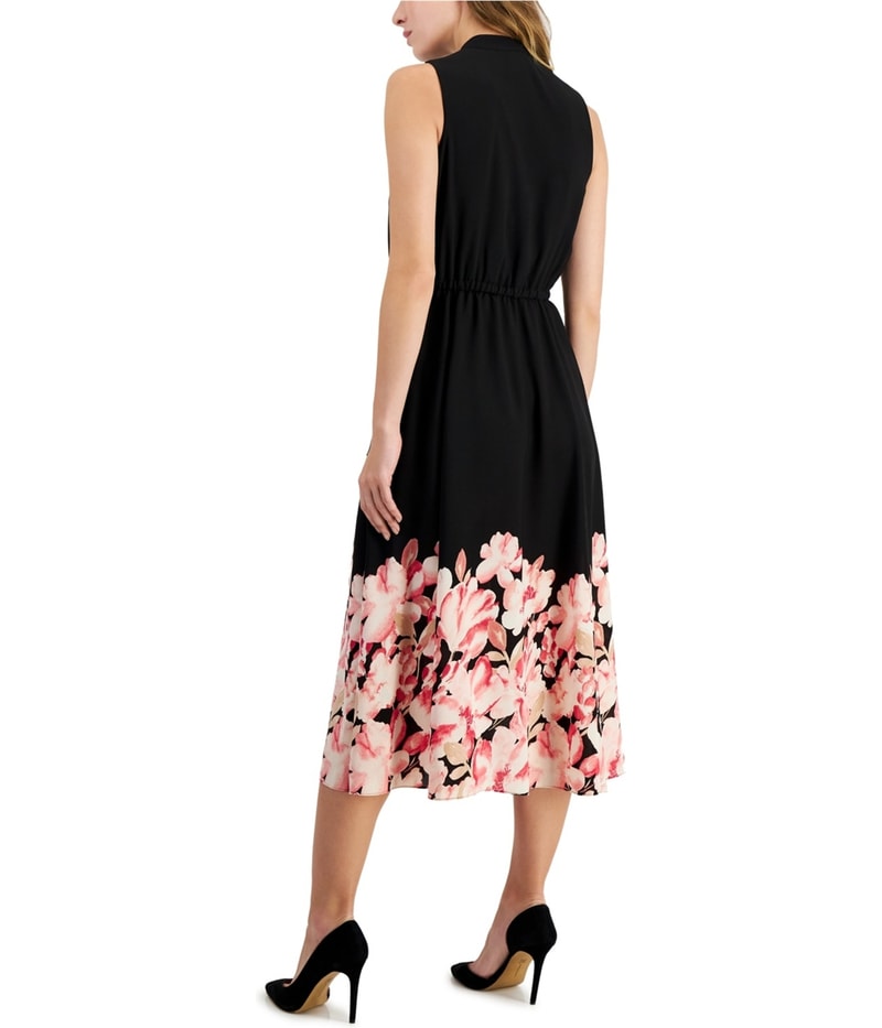 Anne Klein Womens Jenna Floral Hem Drawstring Waist Midi Dress