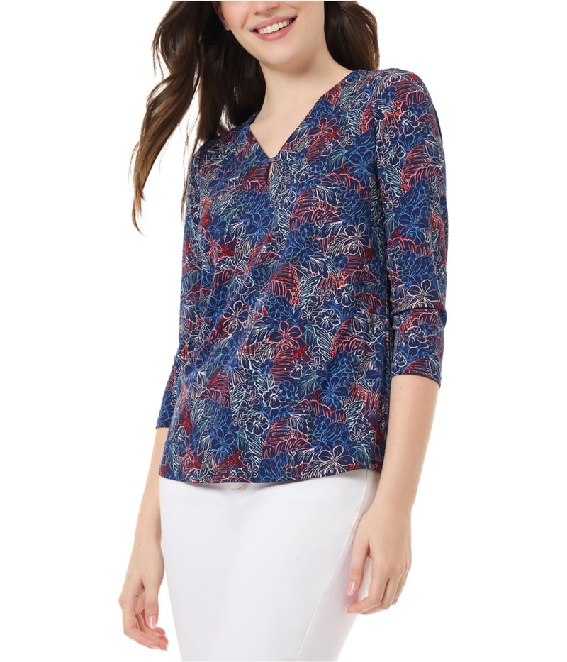 Jones New York Womens Printed Moss Crepe Embellished T-Shirt