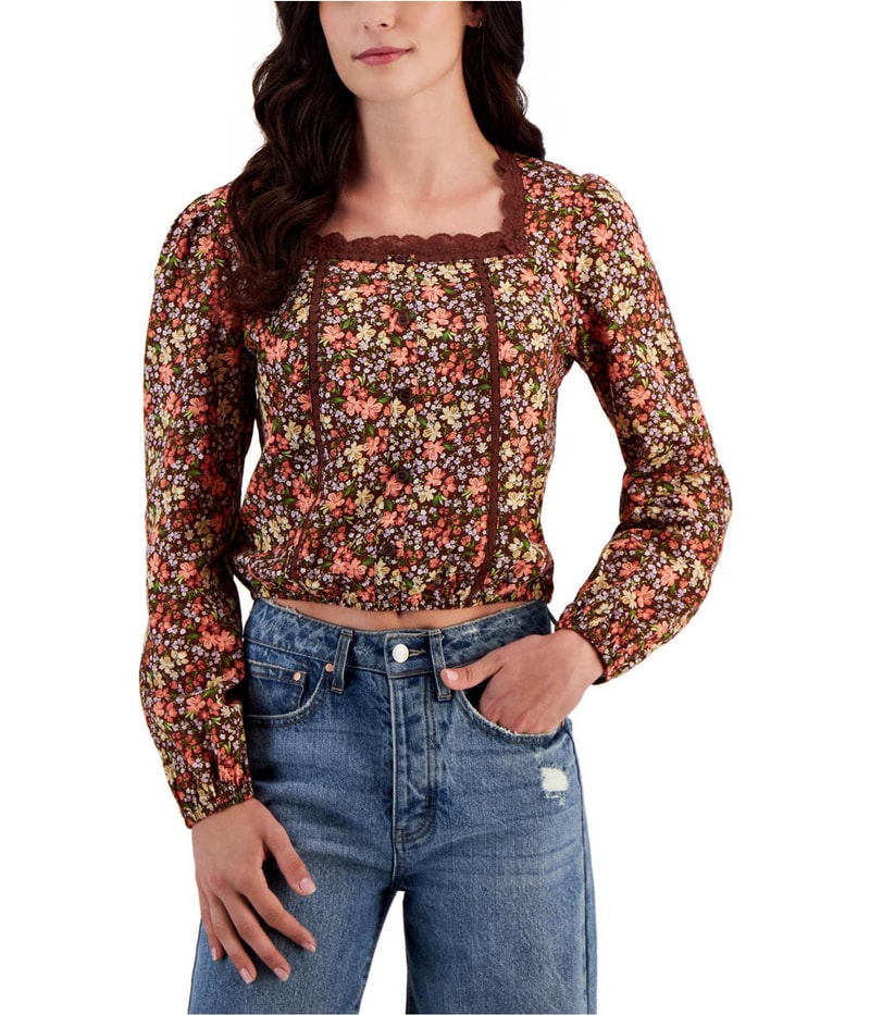 Self Esteem Womens Lace Trimmed Square Neck Baby Doll Blouse