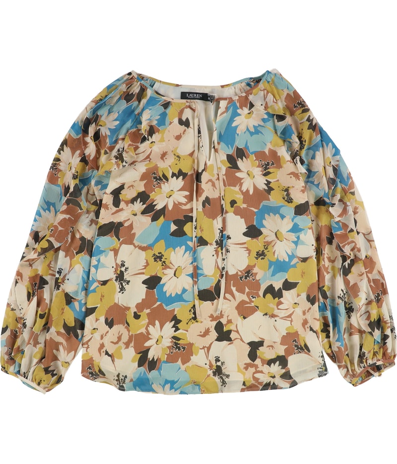 Ralph Lauren Womens Floral Tie Neck Ruffled Blouse