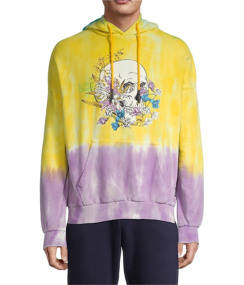 Elevenparis Mens Floral Skull Hoodie Sweatshirt in Yellow, image 4 of 4