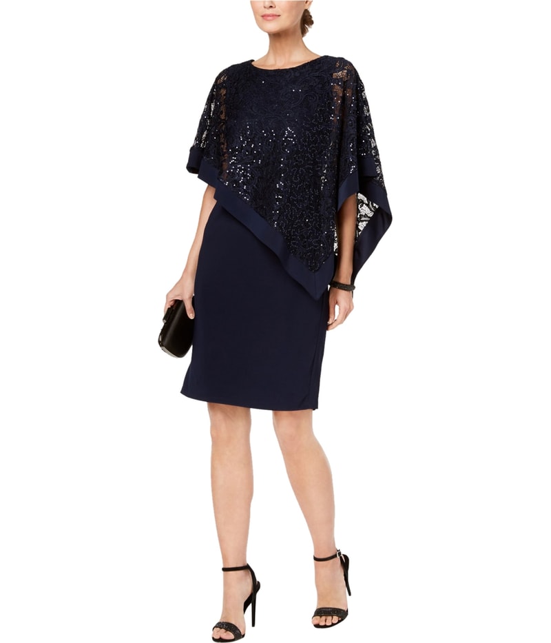 R & M Richards Womens Sequin Poncho Asymmetrical Dress