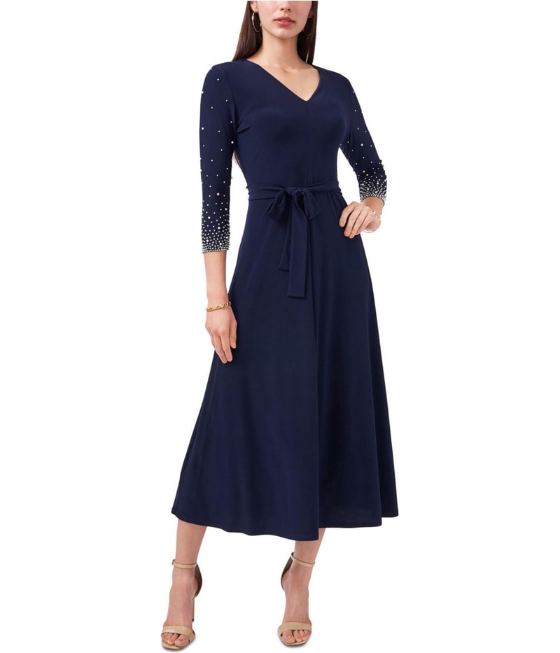 MSK Womens Stretch Beaded Belted Midi Fit & Flare Dress