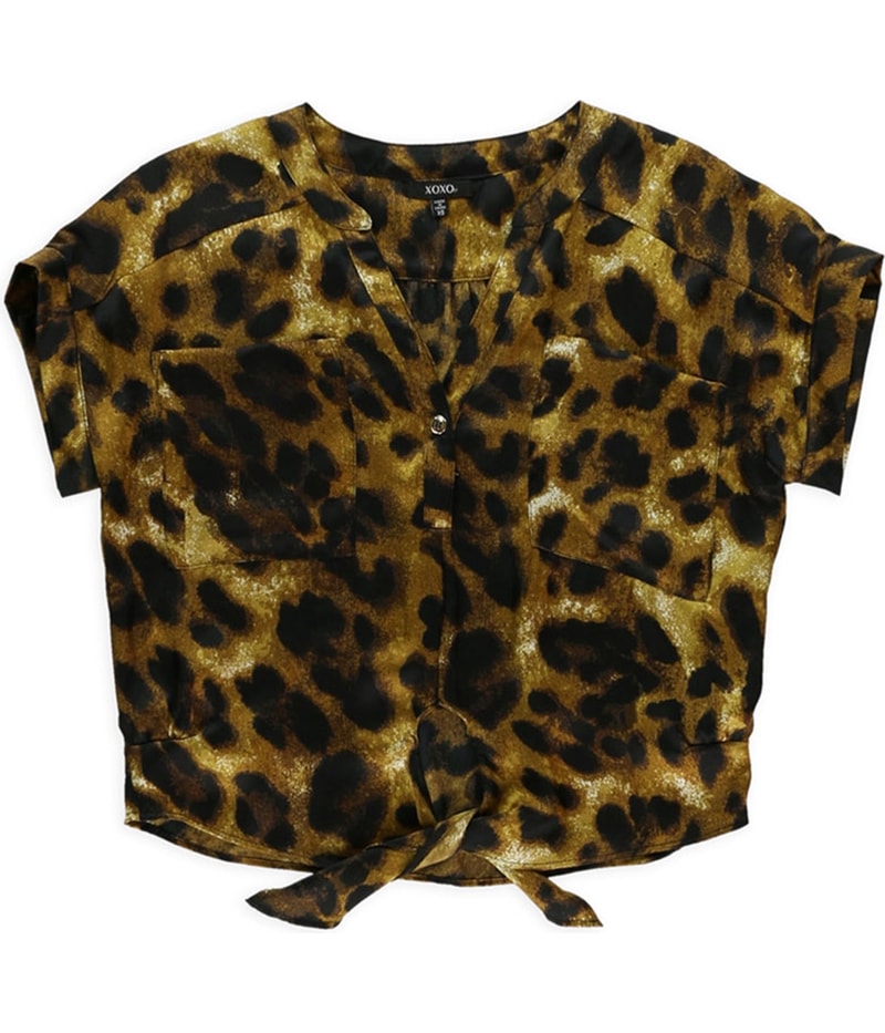 XOXO Womens Slouch Leopard Button Down Blouse