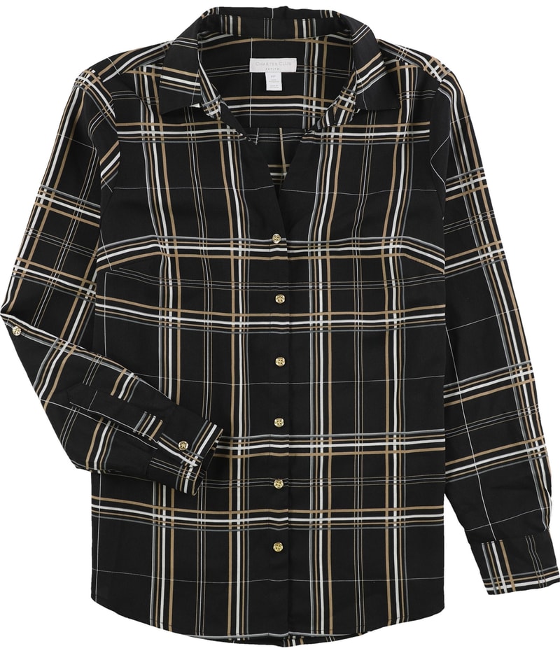Charter Club Womens Golden Plaid Button Up Shirt