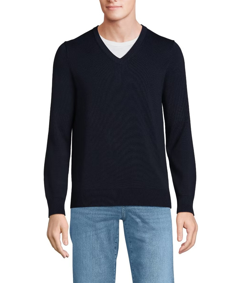 LANDS’ END Mens Fine Gauge Cotton Pullover Sweater