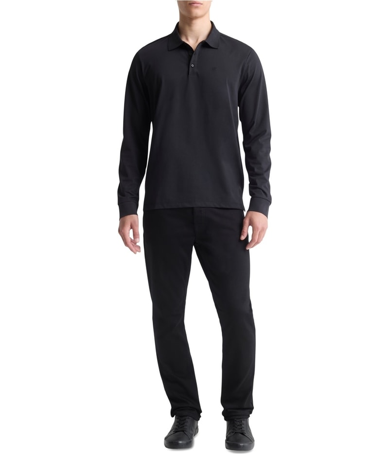 Calvin Klein Mens Smooth Cotton Long-Sleeve Polo Shirt in Black, view 2