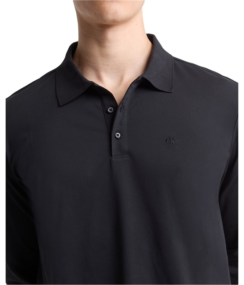 Calvin Klein Mens Smooth Cotton Long-Sleeve Polo Shirt in Black, view 3