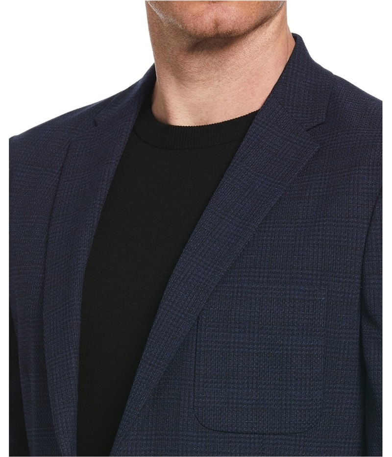 Perry Ellis Mens Slim Fit Textured Plaid Two Button Blazer Jacket