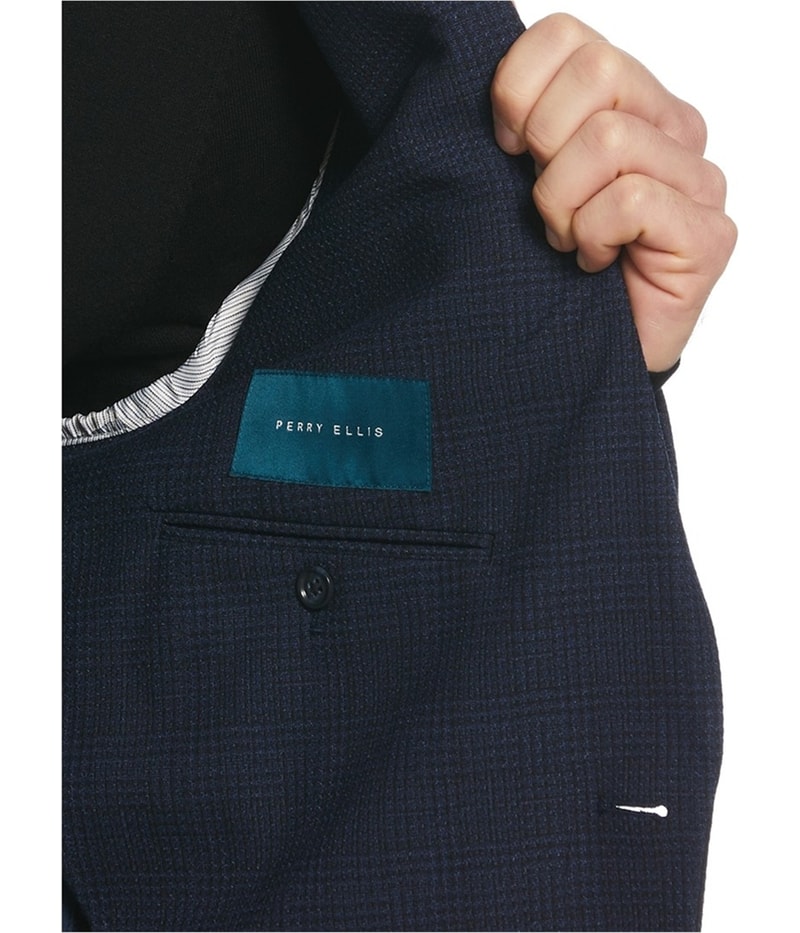 Perry Ellis Mens Slim Fit Textured Plaid Two Button Blazer Jacket