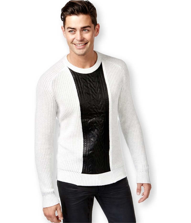 I.N.C Mens Faux Leather Cable Knit Pullover Sweater