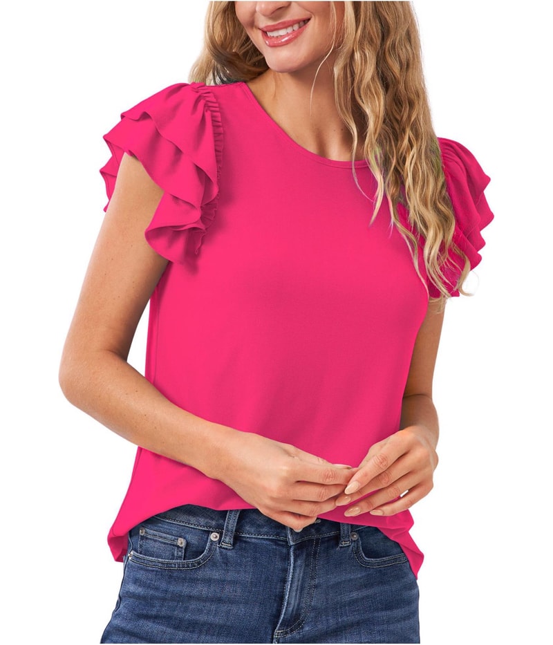 CeCe Womens Ruffled Flutter Sleeve Knit Blouse