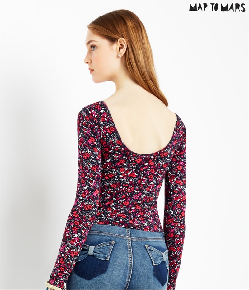 Aeropostale Womens Floral Bodycon Graphic T-Shirt in Blue, image 2 of 3