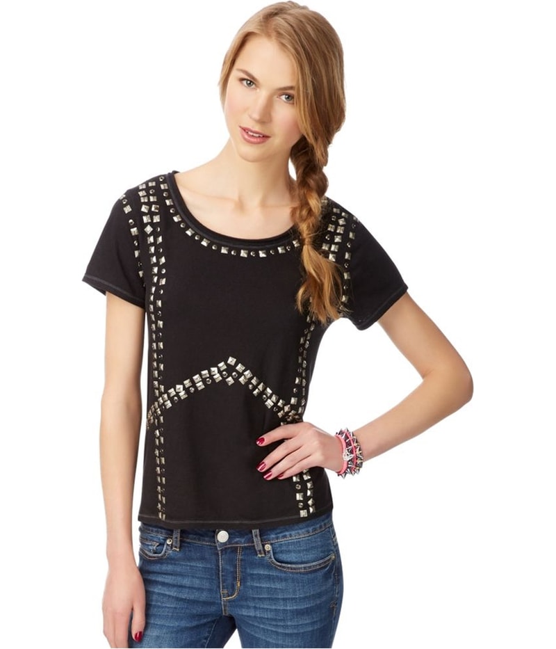 Aeropostale Womens Studded Scoop Neck Embellished T-Shirt