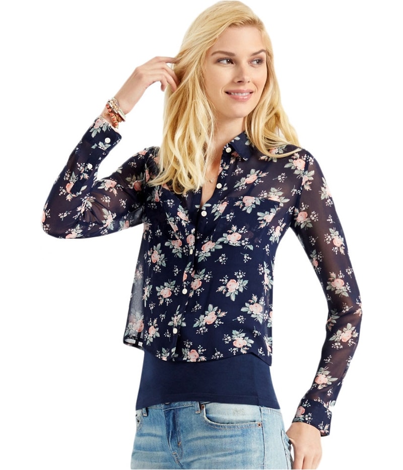 Aeropostale Womens Sheer Floral Button Down Blouse