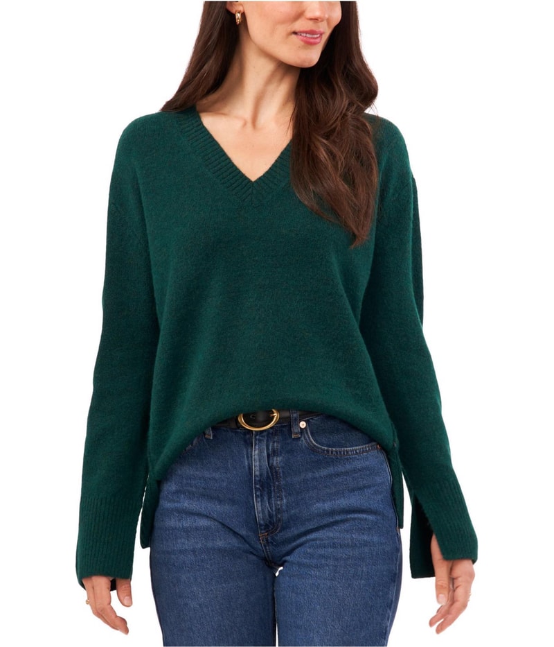 Vince Camuto Womens Contrast V Neck Pullover Sweater