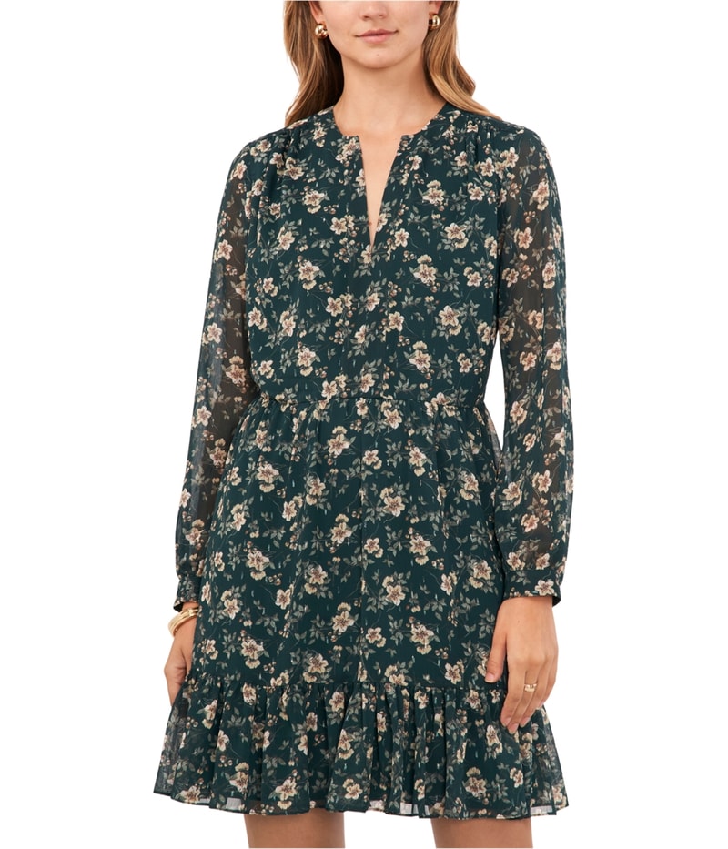 Vince Camuto Womens Floral Ruffled Hem Blouson Dress