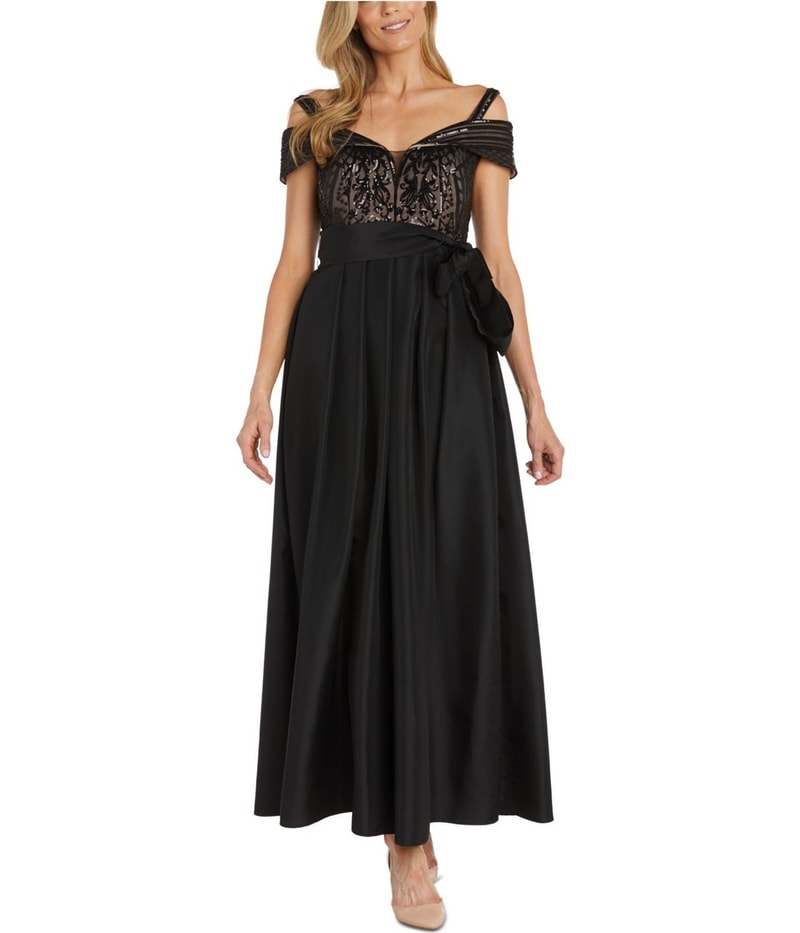 R & M Richards Womens Sequined Pleated Gown Dress