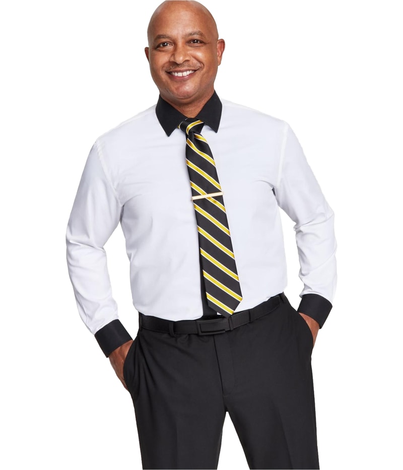 Tayion Collection Mens Black Trim Button Down Dress Shirt in White, image 2 of 3