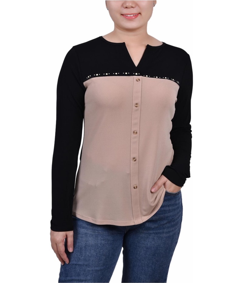 NY Collection Womens Studded Colorblocked Split Neck Button Up Shirt