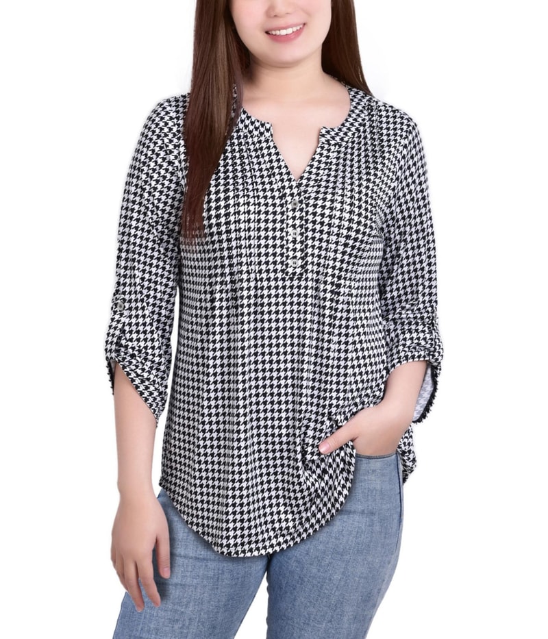 NY Collection Womens Printed Pintuck Henley Shirt