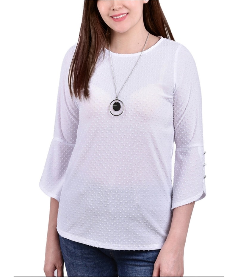 NY Collection Womens Textured Swiss Dot With Necklace Knit Blouse