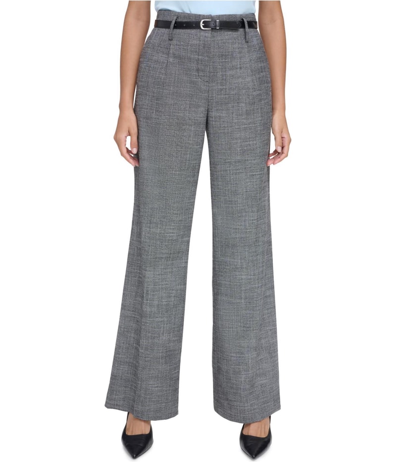 Calvin Klein Womens High Rise Belted Wide Straight Leg Dress Pants